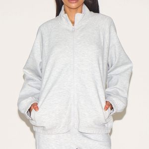 Petite Ash Grey Oversized Interlock Zip Through Sweatshirt