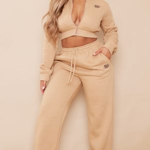 PRETTYLITTLETHING Shape Camel Embroidered High Waist Straight Leg Joggers