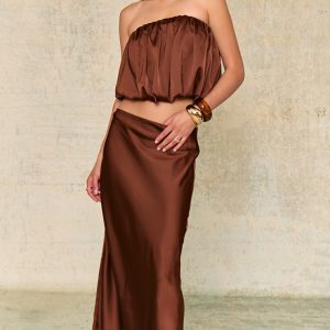 Chocolate Brown Satin Mid Rise Maxi Skirt