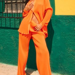 Bright Orange Plisse High Waisted Wide Leg Trousers