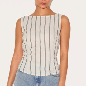 Petite White Woven Pinstripe Boatneck Top