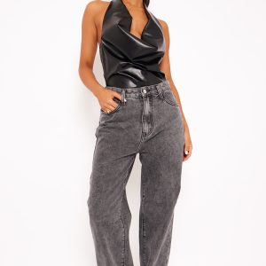 Petite Washed Grey Long Leg Straight Jeans