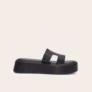 Black Pu Strap Round Toe Flatform Sandals