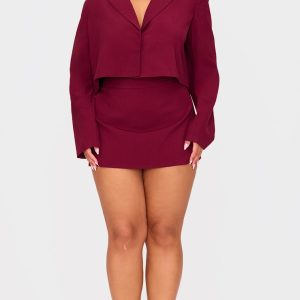 Plus Burgundy Tailored Woven Bow Detail Micro Mini Skirt