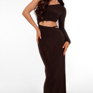 Chocolate Double Layer Soft Touch One Sleeve Cut Out Dress