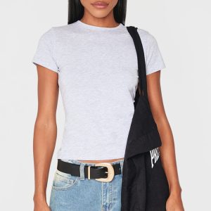 Basic Grey Marl Cotton Blend Fitted Crew Neck T Shirt