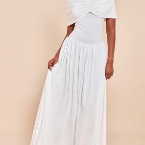 White Bardot Extreme Fold Over Ruched Detail Maxi Dress