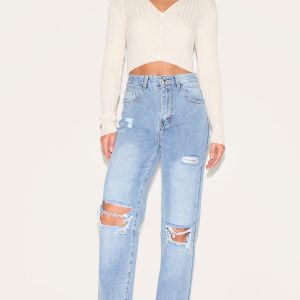 Tall Light Wash Extra Long Ripped High Waist Straight Leg Jeans