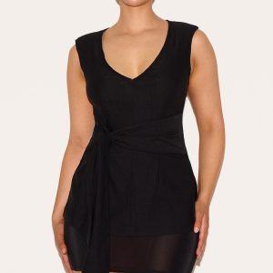 Shape Black Stretch Woven Plunge Front Belted Long Line Top