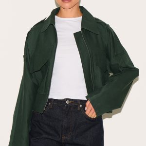 Dark Khaki Trench Detail Cropped Zip Up Jacket