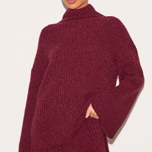 Burgundy Rib Boucle Knit Oversized Jumper