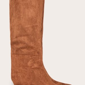 Chocolate Faux Suede Point Toe Mid Heeled Knee High Boots
