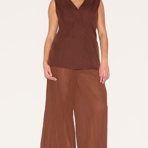 Plus Deep Chocolate Waistcoat Overlay Chiffon Jumpsuit