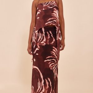 Brown Chiffon Floral Mid Rise Maxi Skirt