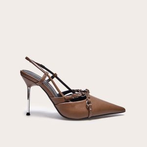 Taupe Faux Leather Point Toe Buckle Strap Sling Back High Heeled Mules