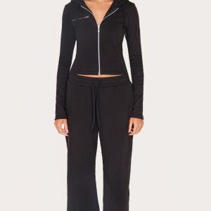 Black Ribbed Low Rise Wide Leg Trousers