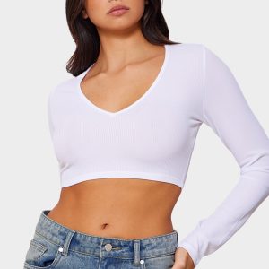 White Rib V Neck Long Sleeve Crop Top
