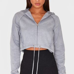 Ice Grey Washed Exposed Seam Cropped Drawstring Hoodie