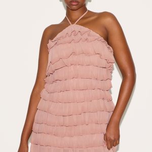 Dusty Peach Extreme Ruffle Halterneck Shift Dress