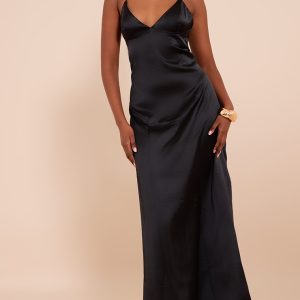 Black Satin Lace Up Back Maxi Slip Dress