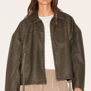 Brown Distressed Look Zip Boxy Trim Detail Biker Jacket