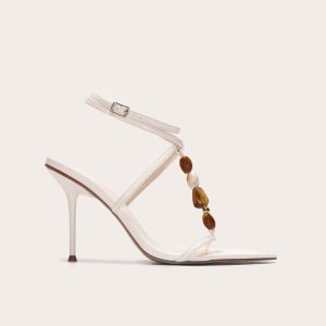 Cream Pu Point Toe Beaded High Stiletto Heeled Sandals