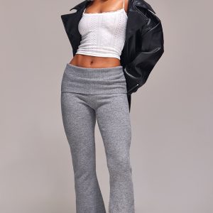 Ash Grey Melange Soft Knit Foldover Waist Flared Trousers