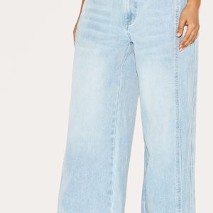 Petite Light Blue Denim Side Pleated Detail Wide Leg Jeans