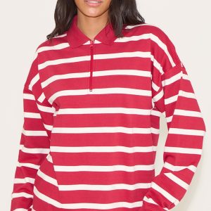 Red Loopback Sweat Stripe Quarter Zip Sweatshirt