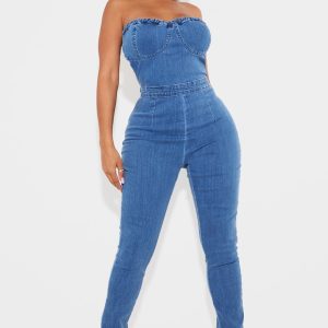 Shape Mid Blue Wash Cup Detail Tie Back Denim Jumpsuit