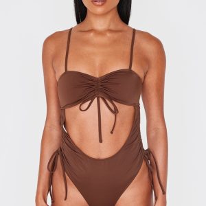 Chocolate Ruched Cut Out Halter Tie Swimsuit