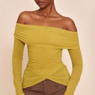 9fb33706dc981517a643c71c877df3ae74baf6ab_CNN0208_1_olive_stretch_chiffon_ruching_bardot_detail_long_sleeve_top
