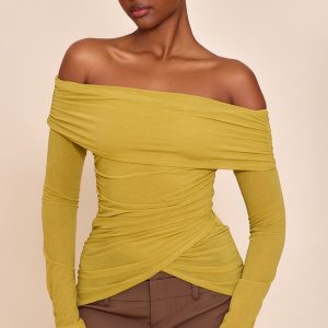 Olive Stretch Chiffon Ruching Bardot Detail Long Sleeve Top
