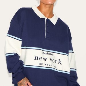 Plus Navy Premium Contrast Collar New York Embroidered Sweatshirt