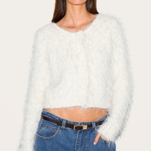 Off White Textured Fluffy Knit Button Up Cardigan