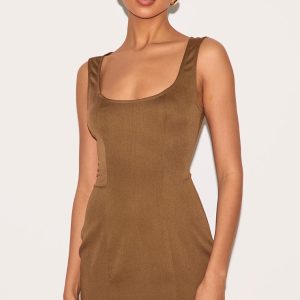 Brown Scoop Neck Frill Hem Bodycon Dress