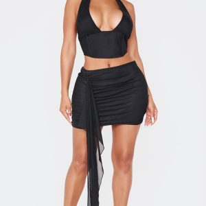 Shape Black Mesh Low Rise Drape Side Mini Skirt