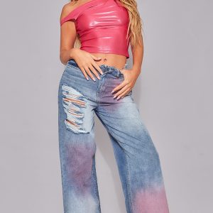 Pink Tint Vintage Wash Distressed Seam Detail Wide Leg Jeans