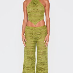 Khaki Crochet Wide Leg Dipped Hem Beach Trousers