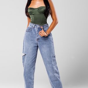 Mid Wash Thigh Split Baggy Boyfriend Jeans