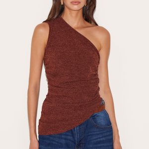 Chocolate Textured One Shoulder Asymmetric Long Top