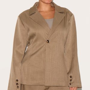 Plus Light Brown Tailored Woven Cinch Waist Blazer