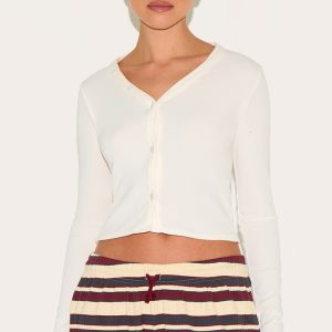 Cream Soft Touch Rib Asymmetric Button Down Long Sleeve Top
