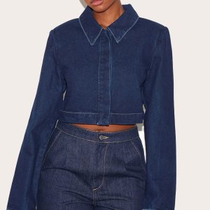 Indigo Contrast Stitch Cropped Long Sleeve Denim Shirt
