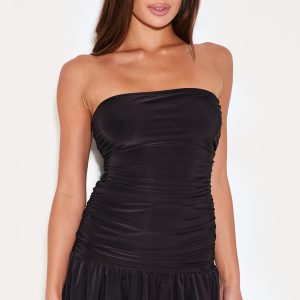 Black Slinky Ruched Tiered Shift Dress