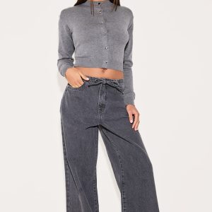 Grey Low Rise Tie Waistband Wide Leg Jeans