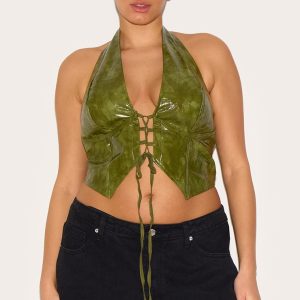 Plus Washed Olive Faux Leather Lace Up Plunge Halterneck Top