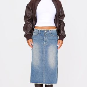 Vintage Wash Side Split Raw Hem Denim Midi Skirt