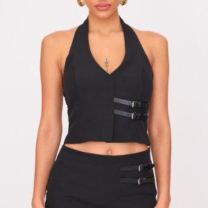 Black Tailored Woven Buckle Halterneck Long Top