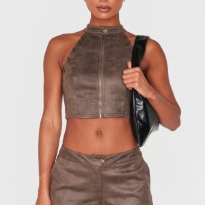 Brown Distressed Faux Suede Eyelet Zip Up Top